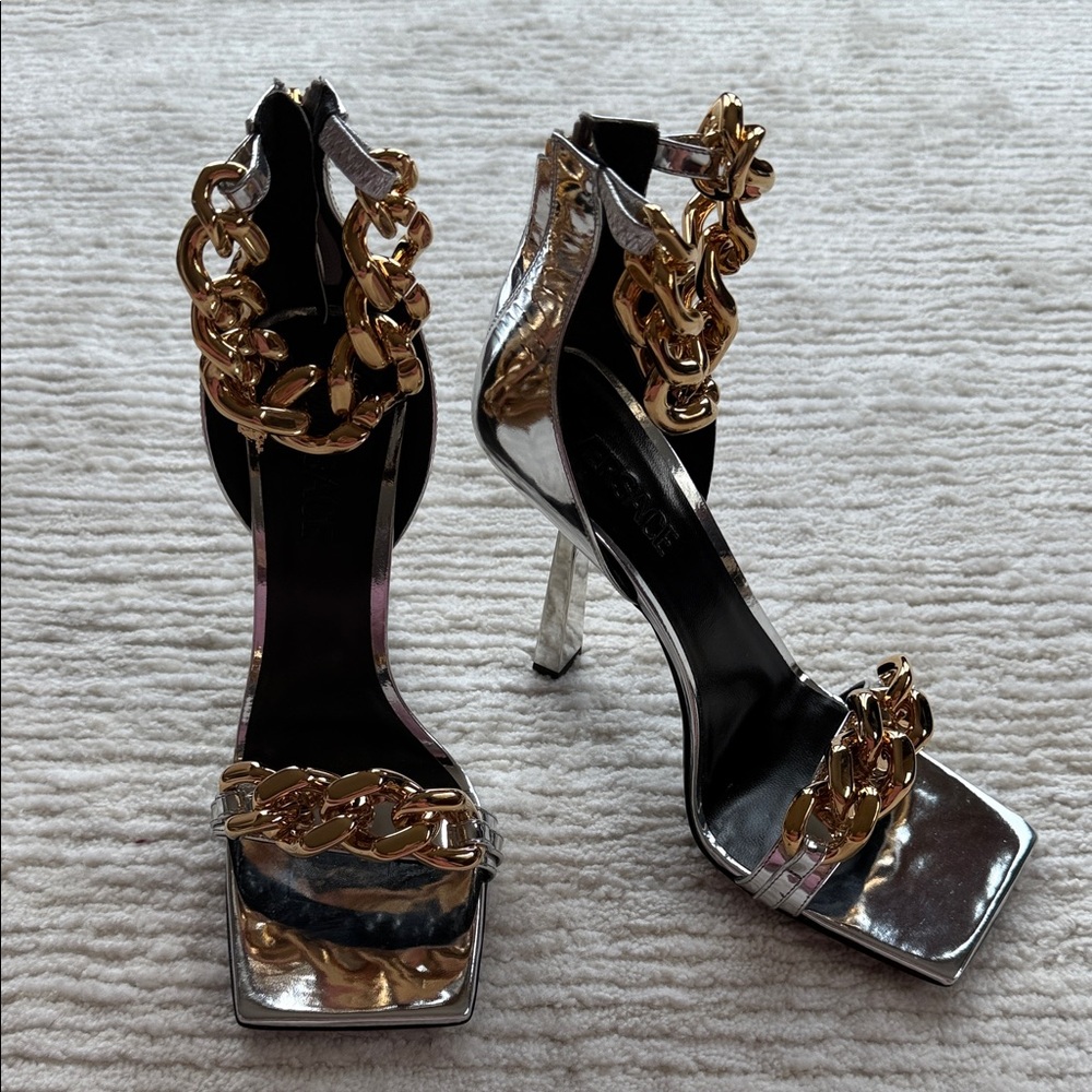 Versace Silver Heels with Gold Chain Accents size 41 - Picture 2 of 15